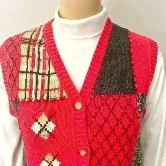 Grandma Boho Bohemians Button Down Crew Neck Red Sweater Vest. - Picture 3 of 11